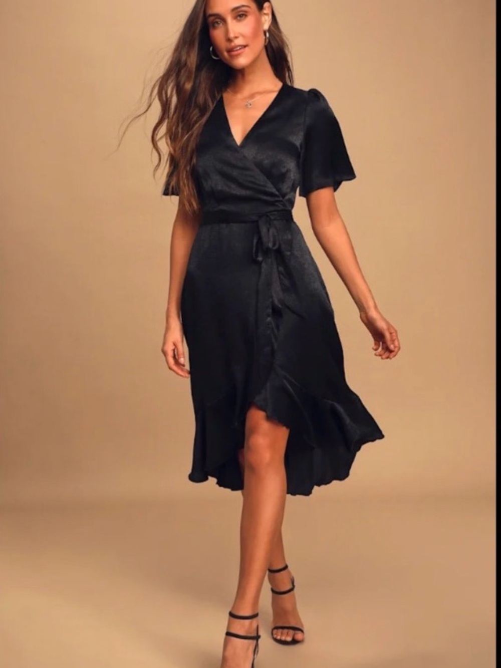 Lulu's Black Wrap Midi Dress with Ruffle Hem